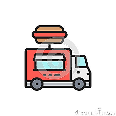 Burgers truck, fast food vehicle flat color line icon. Vector Illustration