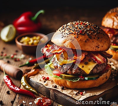 Burgers with whole grain bun, fried bacon and spicy pickled peppers Stock Photo