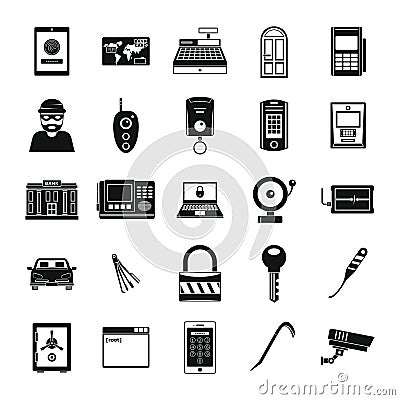 Burglar robber plunderer icons set, simple style Vector Illustration
