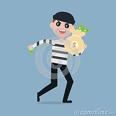 Burglar running away with bag of money,Thief cartoon Vector Illustration