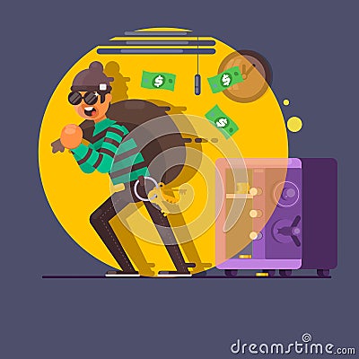 Burglar thief in mask on the big opened safe full of gold coins, cash, money. Vector illustration Vector Illustration