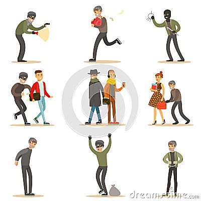 Burglars, Pickpockets And Thieves Set Of Smiling Criminals At The Crime Scene Stealing Vector Illustrations Vector Illustration