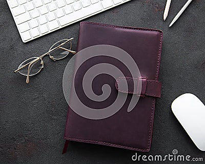 Burgundy leather notebook Stock Photo