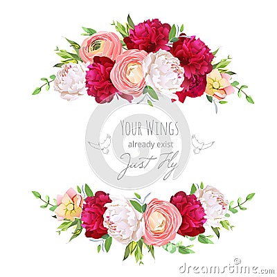 Burgundy red and white peonies, pink ranunculus, rose vector design frame. Delicate floral background. Vector Illustration