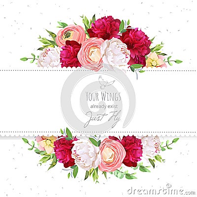 Burgundy red and white peonies, pink ranunculus, rose vector design frame. Vector Illustration