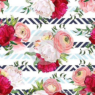 Burgundy red and white peonies, ranunculus, rose seamless vector pattern Vector Illustration