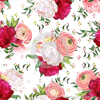 Burgundy red and white peonies, ranunculus, rose seamless vector pattern. Vector Illustration