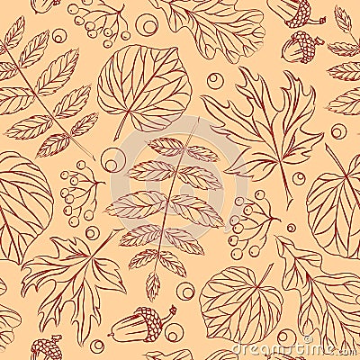 Burgundy skeleton decorative falling leaves of acorns and viburnum. Cartoon Illustration