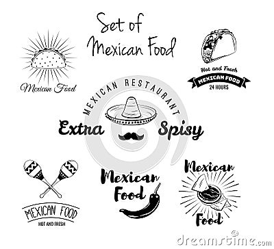Burito, nachos, taco, maracas, sombrero, mustache, pepper. Mexican food set. Vector. Vector Illustration