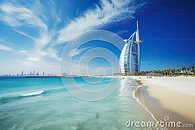 Burj Al Arab hotel in Dubai, United Arab Emirates. Burj Al Arab is one of the most expensive hotels in the world, View of the Editorial Stock Photo