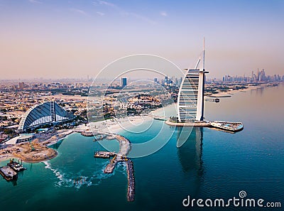 Burj Al Arab luxury hotel and Dubai marina skyline in the background Editorial Stock Photo