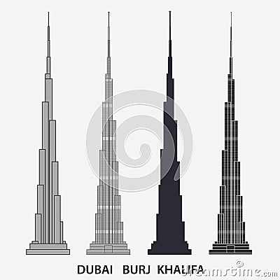 Burj Khalifa tower Dubai. Skyscraper silhouette, famous building. Vector Vector Illustration