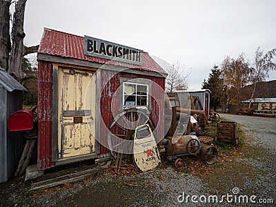 Burkes Pass Village, Canterbury New Zealand - 2023: Old historic antique roadside Blacksmith hut shop outdoor museum Editorial Stock Photo