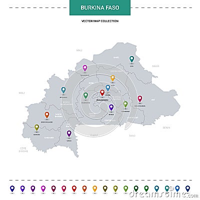 Burkina Faso map with location pointer marks. Vector Illustration