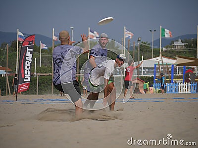 Burla Beach Cup 2020, Beach Ultimate team Flying Bisc vs. Donkey Shot Editorial Stock Photo