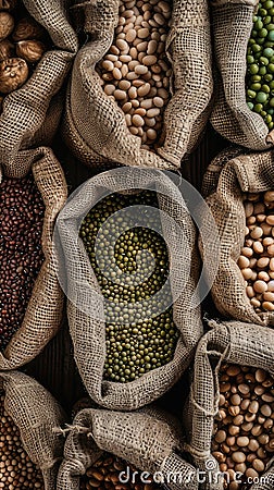 burlap bags overflowing with a diverse array of beans, including black, red, yellow long-legged, green round-shaped Stock Photo