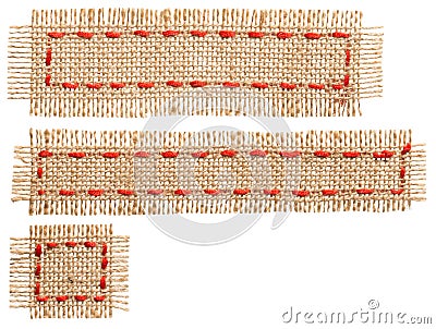 Burlap Fabric Patch Label, Sackcloth Ribbon of Linen Jute, Sack Cloth Tag, White Isolated Stock Photo