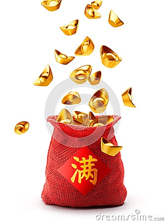 Burlap sack full with chinese gold Stock Photo