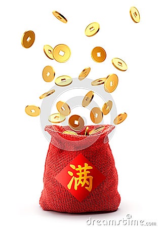 Burlap sack full with chinese gold coins Stock Photo