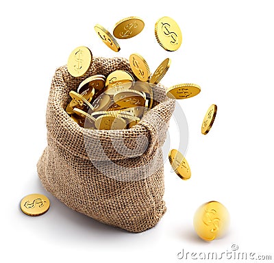 Burlap sack full with gold coins on white background Stock Photo