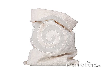 Burlap sack on white background isolated close up, rough rustic full linen pack, empty beige canvas bag, one open bagging textile Stock Photo