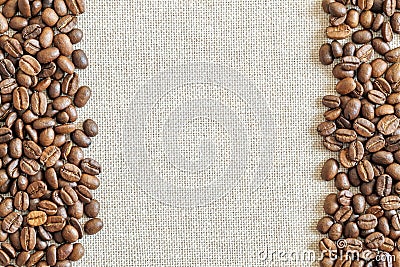 Burlap Sackcloth Canvas and Coffee Beans Placed Round Photo Back Stock Photo