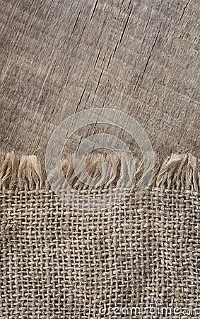 Burlap textureon a wooden background, rustic, christmas . Pattern fabric textile. Texture background Stock Photo