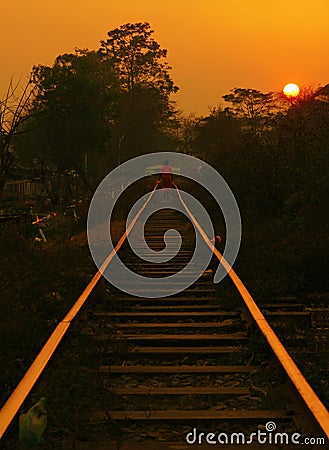 Burma Railway Sunset Stock Photo