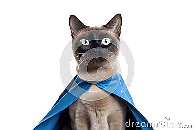 Burmese Cat Dressed As A Superhero On White Background Stock Photo