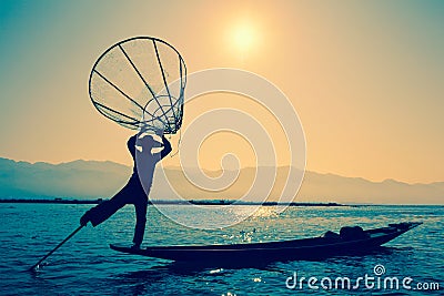 Burmese fisherman at Inle lake, Myanmar Stock Photo