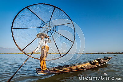 Burmese fisherman at Inle lake, Myanmar Stock Photo