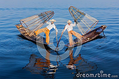 Burmese fishermen at Inle lake, Myanmar Stock Photo