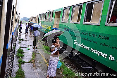 Burmese people waiting train at railway station Editorial Stock Photo