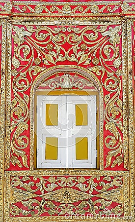 Burmese Style window decorated by gold color metallic embossed Stock Photo