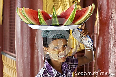 Burmese Woman Carrying Watermelon Editorial Stock Photo