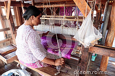 Handmade silk fabrication from Lotus in Inle Lake, Myanmar, Burma Editorial Stock Photo