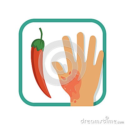 Burn of hand with red hot chili pepper. Burn of first-degree. Painful injury concept. Flat vector design for infographic Vector Illustration