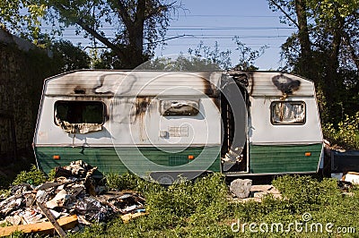Burned caravan Stock Photo