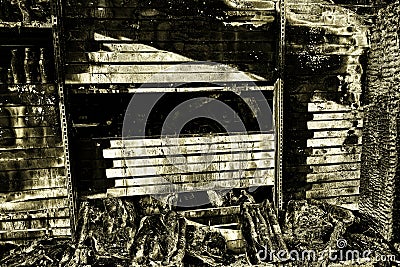 Burned damaged ruins of destroyed industry arson investigation insurance Stock Photo