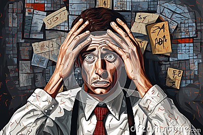 Burned-out businessman in his office. Dramatic illustration of workplace stress. White middle-aged man panicking. Portrait of a Cartoon Illustration