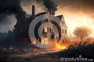 burned-out destroyed burning house premises after major fire Stock Photo