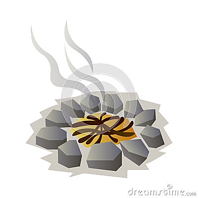 Burned stone bonfire from tree woods at tent city Vector Illustration