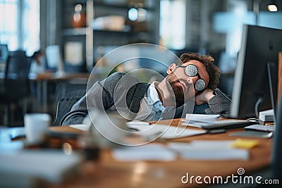 Burnedout Businessman With Quirky Eyepatch Stickers, Dozing At Desk Amid Challenging Project Stock Photo