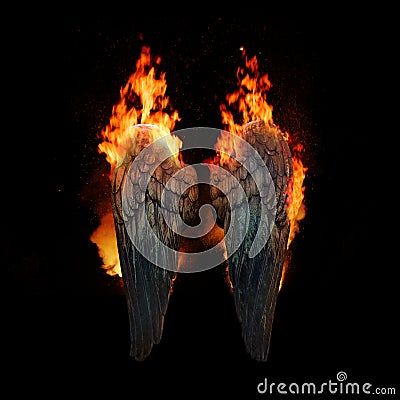 Burning angel dragon wings, dark atmospheric mood, fantasy background Stock Photo