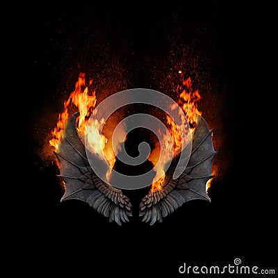 Burning angel dragon wings, dark atmospheric mood, fantasy background Stock Photo