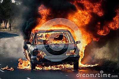 burning automobile in car accident on road Stock Photo