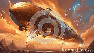 burning balloon A steampunk vector illustration of abstract electric lightning. The concept of battle, blimp in the sky Cartoon Illustration