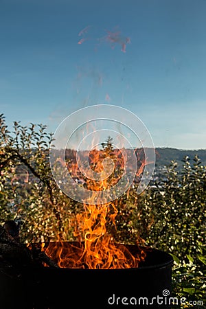 Burning barrel in the middle of the garden Stock Photo