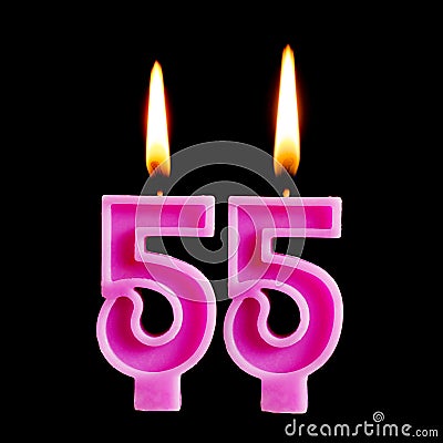 Burning birthday candles in the form of 55 fifty five for cake isolated on black background. The concept of celebrating a birthday Stock Photo