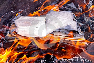 Burning book. The Inquisition burns illicit books Stock Photo